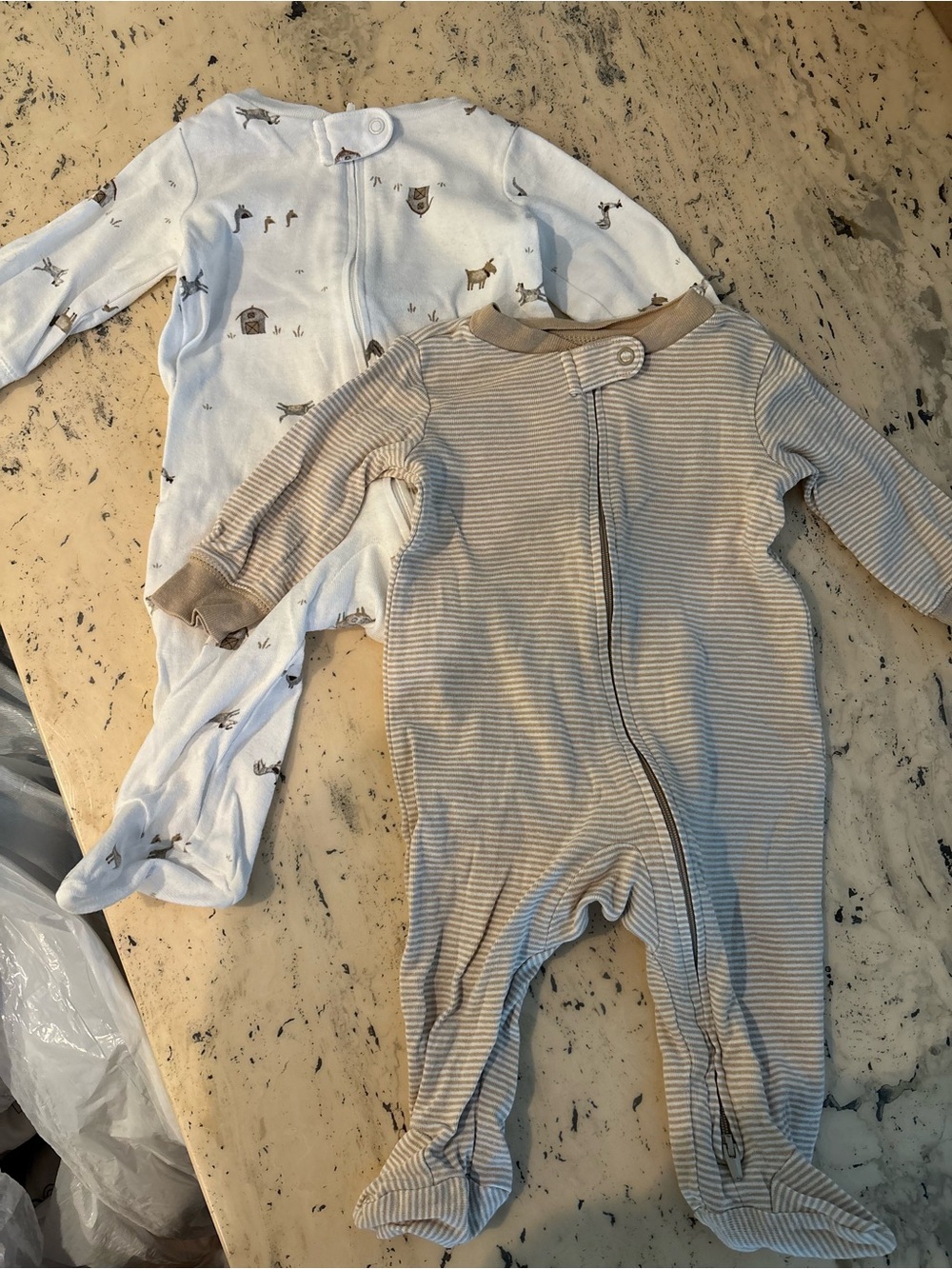Carter's White Animal Print & Tan Striped Footies Set